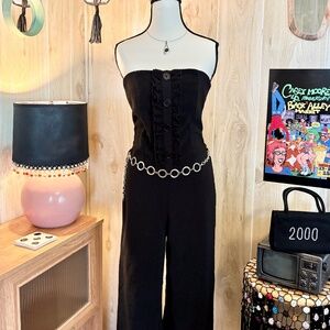 Vintage Women's Medium Black Stretch Strapless Ruffle Button Jumpsuit 2000s Y2K